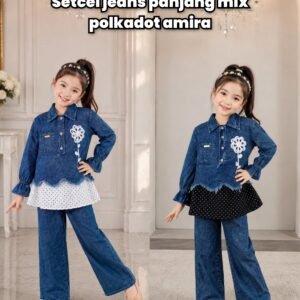 D-2716 SETELAN JEANS PANJANG MIX POLKADOT