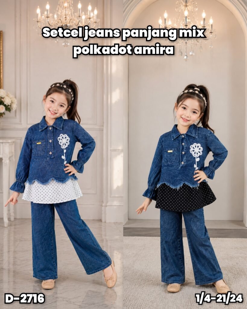 D-2716 SETELAN JEANS PANJANG MIX POLKADOT
