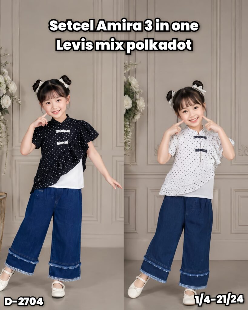 D-2704 SETELAN CELANA AMIRA 3 IN ONE JEANS MIX POLKADOT