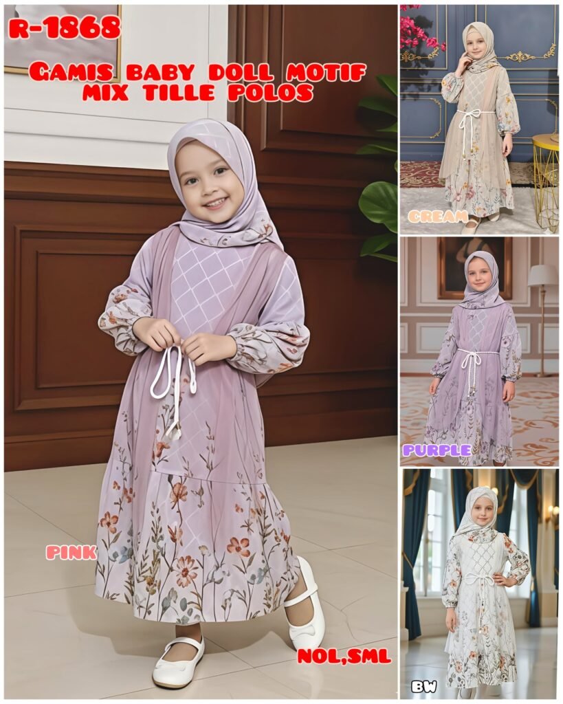 KODE BARANG R-1868 GAMIS BABYDOLL MOTIF MIX TILLE POLOS